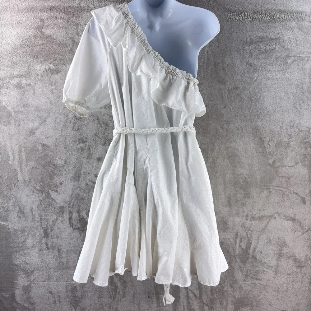Rhode x Target Poplin One Shoulder Dress Womens‎ Medium White Ruffle Trim Belted